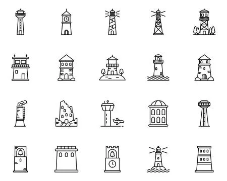 Lighthouse and tower line icon set for architecture web design 스톡 일러스트