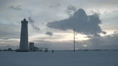 Lighthouse and Winter Sunset - Time lapse Stock Footage 47203763