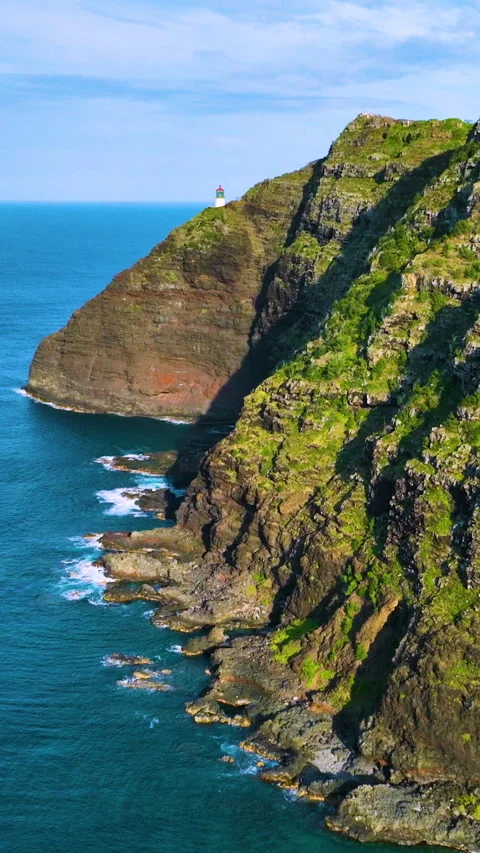 Lighthouse at the base of Makapuu point, Honolulu Hawaii. Aerial view Stock Footage 315309065