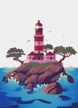 Lighthouse, Beautiful beacon on the cliff with pines. Vector illustration in Stock Illustration