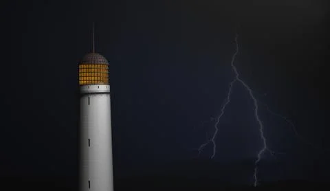 Lighthouse on black with lighting bolt 3d illustration Stock Illustration