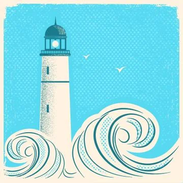 Lighthouse blue poster.Vector seascape image on old paper Stock Illustration