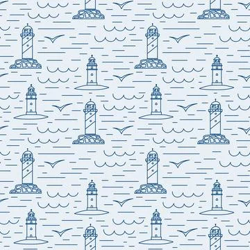 The lighthouse building pattern. Marine wave background with the sea and a house Stock Illustration