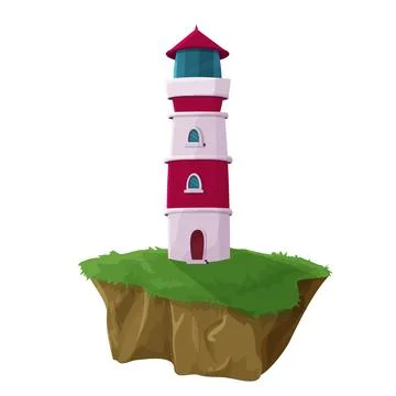Lighthouse building, seaside tower in white and red colors in cartoon style Illustrazione stock