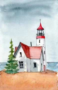 Lighthouse with a cabin on the hill Illustrazione stock