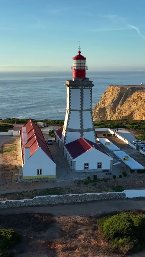 Lighthouse on Cabo Espichel cape Espichel on Atlantic ocean Video stock 344584369