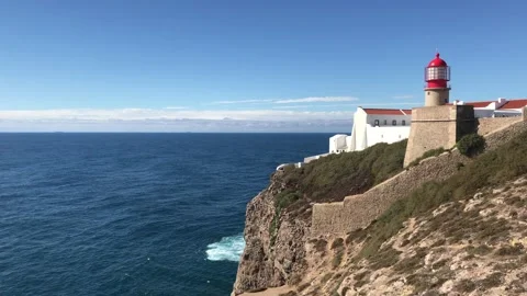 Lighthouse Cape St. Vincent on the Atlantic coast in Europe, Portugal Sagres Stock Footage 132029442