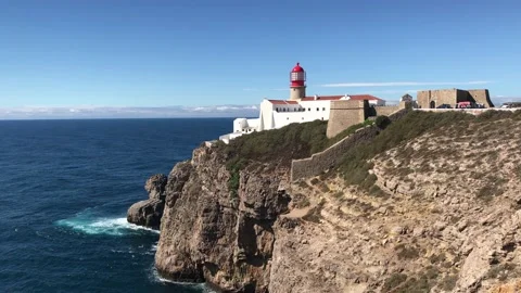 Lighthouse Cape St. Vincent on the Atlantic coast in Europe, Portugal Sagres Stock Footage 132029445