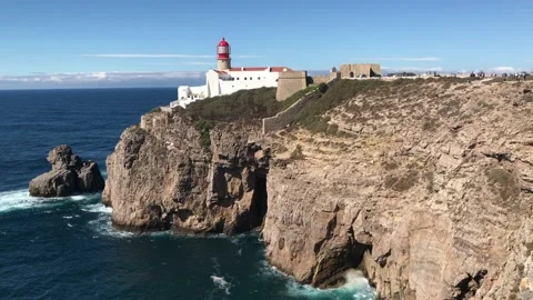 Lighthouse Cape St. Vincent on the Atlantic coast in Europe, Portugal Sagres Stock Footage 132030690