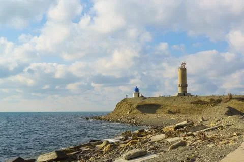 The lighthouse at Cape Utrish Dolphinarium in the Black sea. Russia, Krasnoda Stock Photos