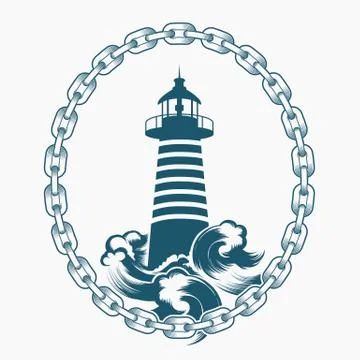 Lighthouse in Circle of Chains Engraving Vector Emblem Stock Illustration