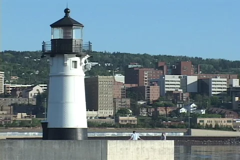 Lighthouse with city of Duluth MN behind Stock Footage 124672833