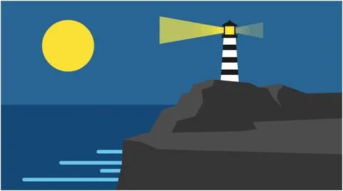 Lighthouse on a cliff at night with full moon lighthouse illumination Stock Illustration