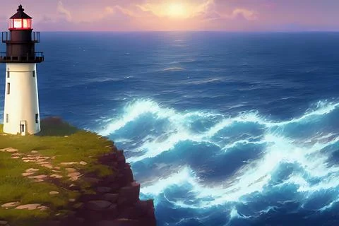 A lighthouse on a cliff overlooking the ocean at sunset 库存插图