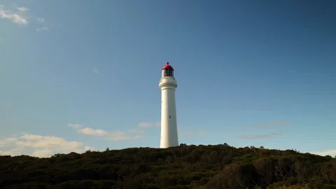 Lighthouse on coastline with bushes below Stock Footage 294464284