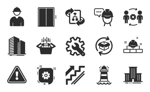 Lighthouse, Cogwheel and Engineering team icons set. Foreman, Stairs and Return Stock Illustration