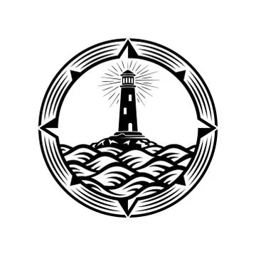 Lighthouse, Compass, Wave, Circle Logo Design Template. Vector and Illustration. Stock Illustration