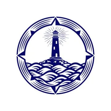 Lighthouse, Compass, Wave, Circle Logo Design Template. Vector and Illustration. Stock Illustration