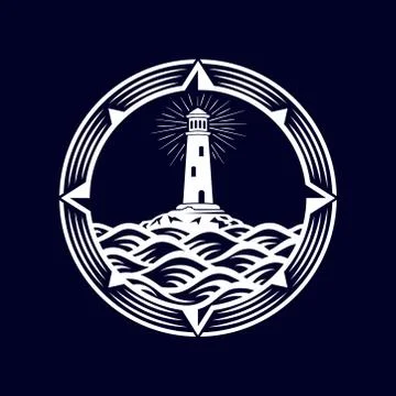 Lighthouse, Compass, Wave, Circle Logo Design Template. Vector and Illustration. Stock Illustration