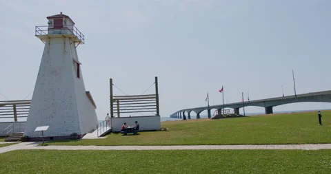 Lighthouse at the confederation bridge look off Stock Footage 203367155