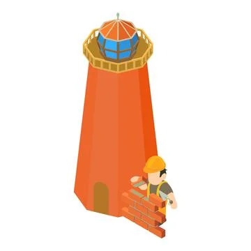 Lighthouse construction icon isometric vector. Worker laying brick near beacon 스톡 일러스트