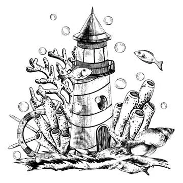 Lighthouse with corals, algae, a rudder and a fish isolated composition on a Stock Illustration