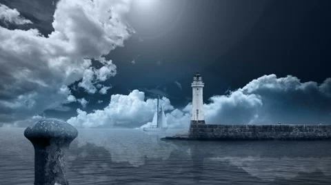 Lighthouse, Dock And Dramatic Clouds Stock Footage 57981806