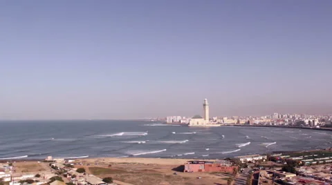 Lighthouse El Aank top view to Grande Mosquee Hassan II and bay in Casablanca. Stock Footage 61058365