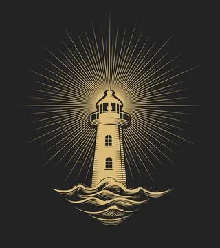 Lighthouse Emblem on Black Background Illustrazione stock