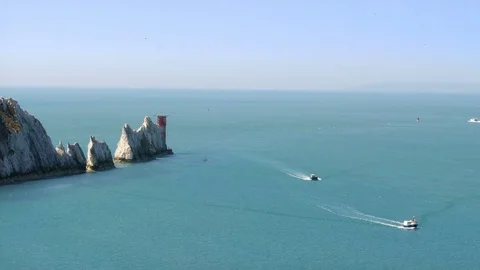 The lighthouse at the end of The Needles on the Isle of Wight Stock-Footage 75794487