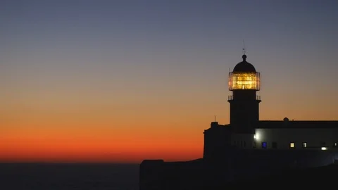 Lighthouse in the evening just after sunset. Cape St. Vincent, Portugal. St 스톡 동영상 105638359