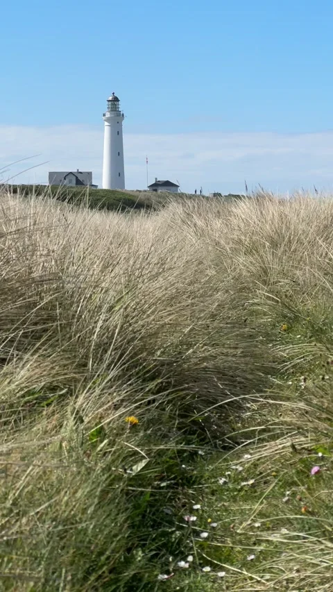 Lighthouse on the Faroe Islands rises above windswept coastal grass under  Video stock 310947733