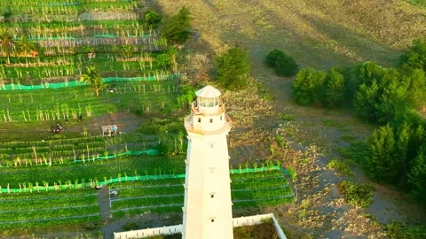 Lighthouse framed by patterned coastal farm fields Stock Footage 335439497