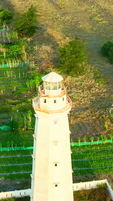 Lighthouse framed by patterned green coastal farmland Stock Footage 335432510