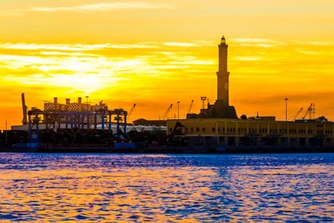 The lighthouse  of Genoa (called Lanterna) at sunset, Italy Stock Photos
