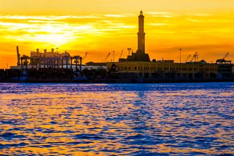 The lighthouse  of Genoa (called Lanterna) at sunset, Italy Stock Photos