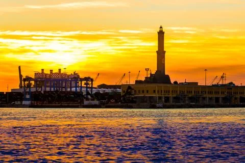 The lighthouse  of Genoa (called Lanterna) at sunset, Italy Stock Photos