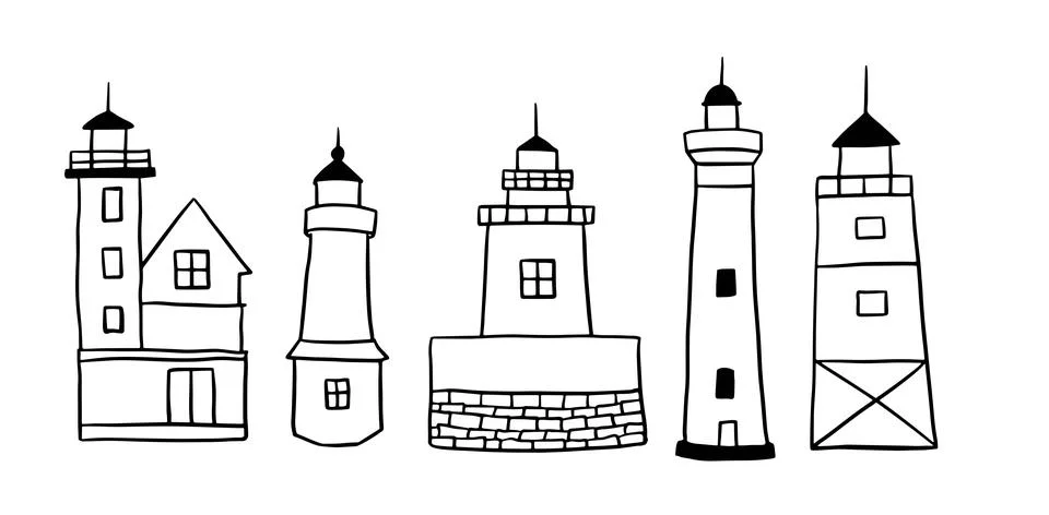 Lighthouse Hand-Drawn Set | Doodle for Nautical and Coastal Designs Stock-Illustration