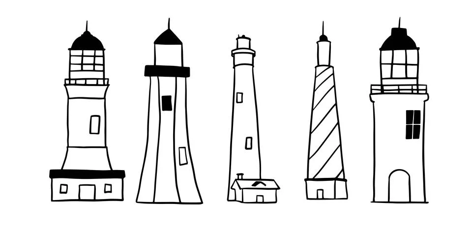 Lighthouse Hand-Drawn Set | Doodle for Nautical and Coastal Designs Stock Illustration