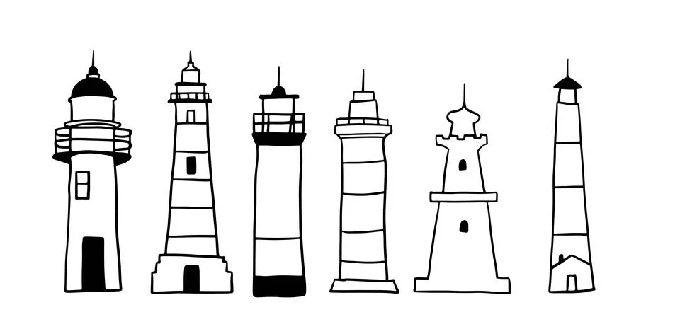 Lighthouse Hand-Drawn Set | Doodle for Nautical and Coastal Designs Stock Illustration