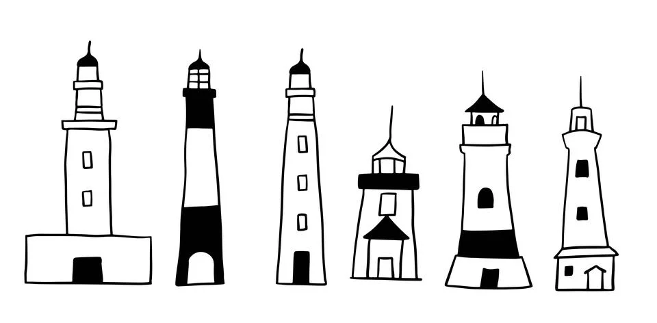 Lighthouse Hand-Drawn Set | Doodle for Nautical and Coastal Designs Stock Illustration