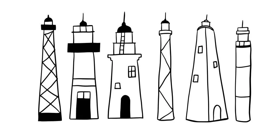 Lighthouse Hand-Drawn Set | Doodle for Nautical and Coastal Designs Stock-Illustration