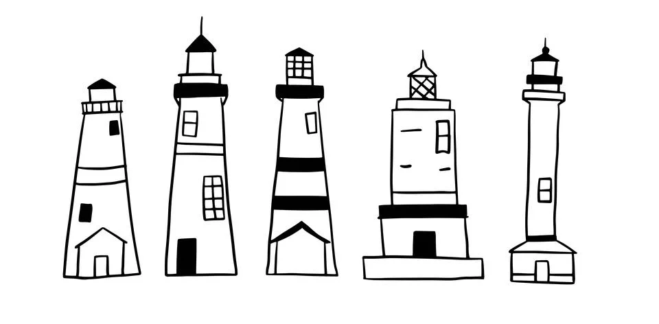 Lighthouse Hand-Drawn Set | Doodle for Nautical and Coastal Designs Stock-Illustration