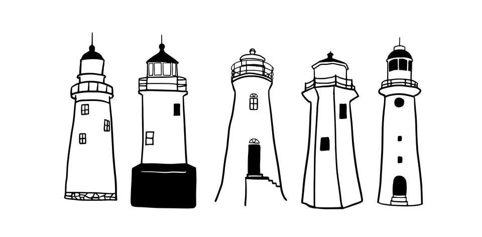 Lighthouse Hand-Drawn Set | Doodle for Nautical and Coastal Designs Stock Illustration