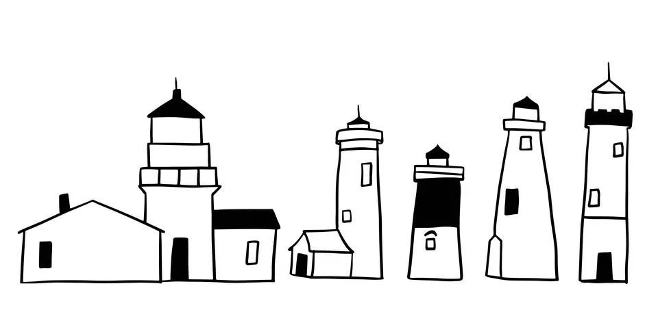 Lighthouse Hand-Drawn Set | Doodle for Nautical and Coastal Designs Stock-Illustration