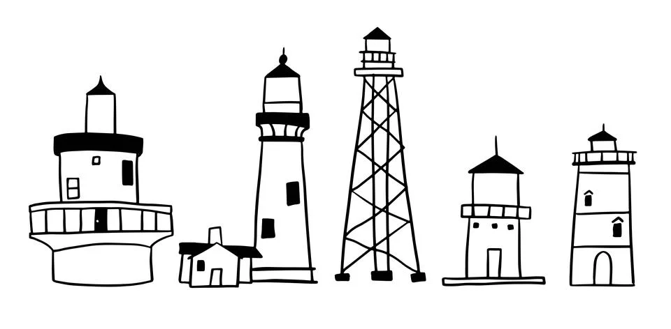 Lighthouse Hand-Drawn Set | Doodle for Nautical and Coastal Designs Stock Illustration