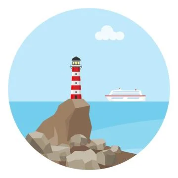 The lighthouse on the hill illuminates the path. A realistic lighthouse against Stock Illustration