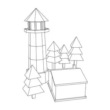 Lighthouse with house and trees landscape Stock Illustration