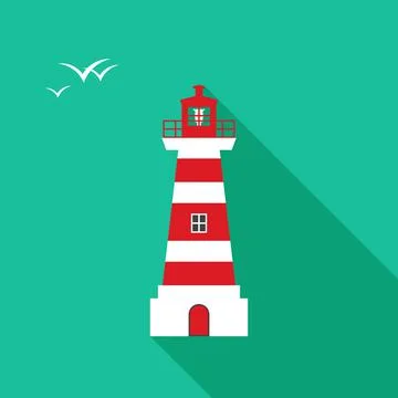 Lighthouse icon with long shadow. Flat design style. Stock Illustration
