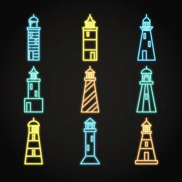 Lighthouse icon set in glowing neon style Stock Illustration